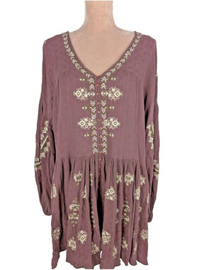 Free People Arianna Tunic Top Size L Brown Embroidered Boho Peasant Hippie